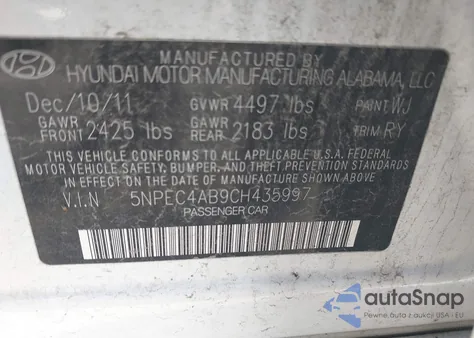 2012 Hyundai Sonata Se 2.0T from USA, damaged, VIN 5NPEC4AB9CH435997